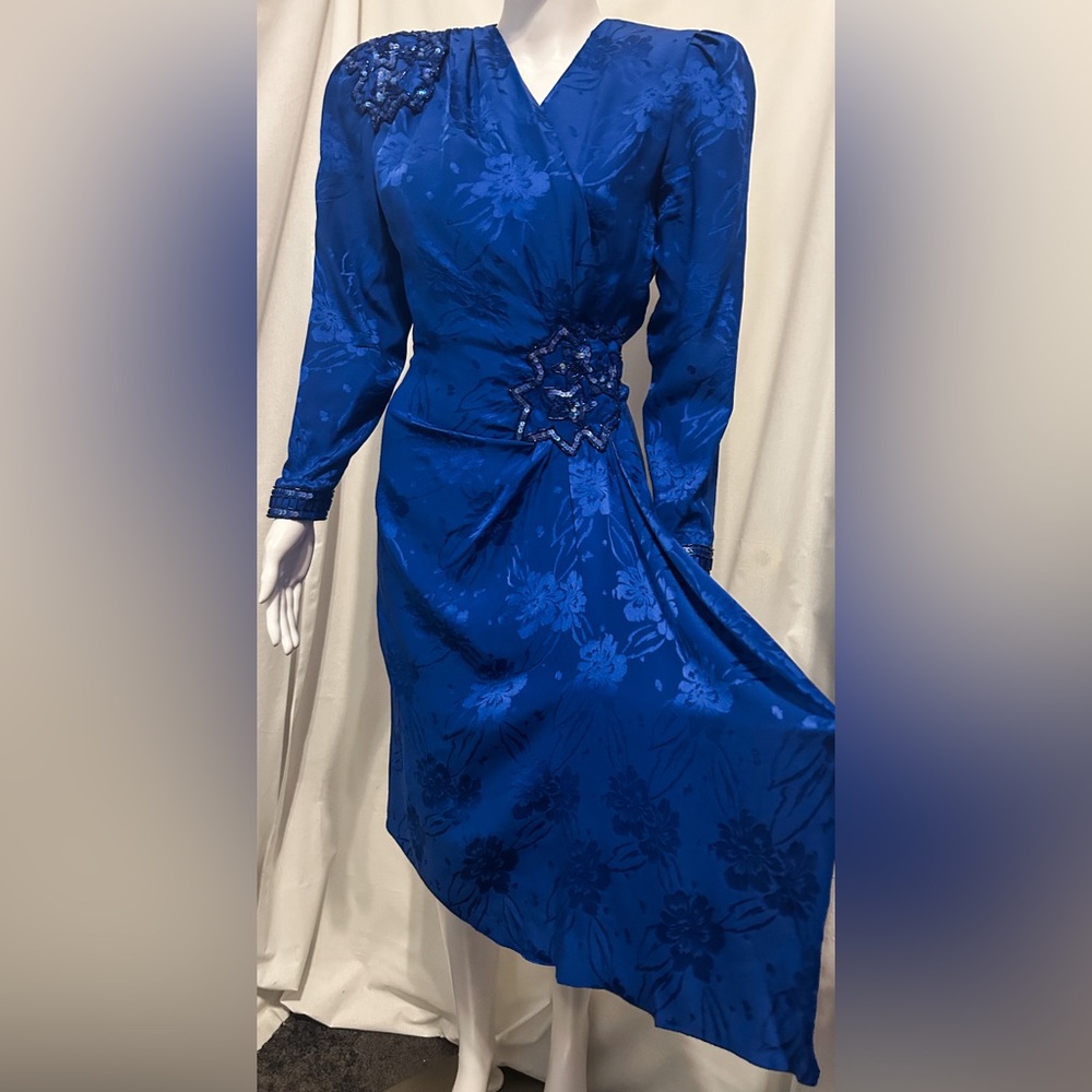Rare Vintage I. Magnin Sz 8 Petite Floral Blue Silk Dress Elegant Retro Pinup